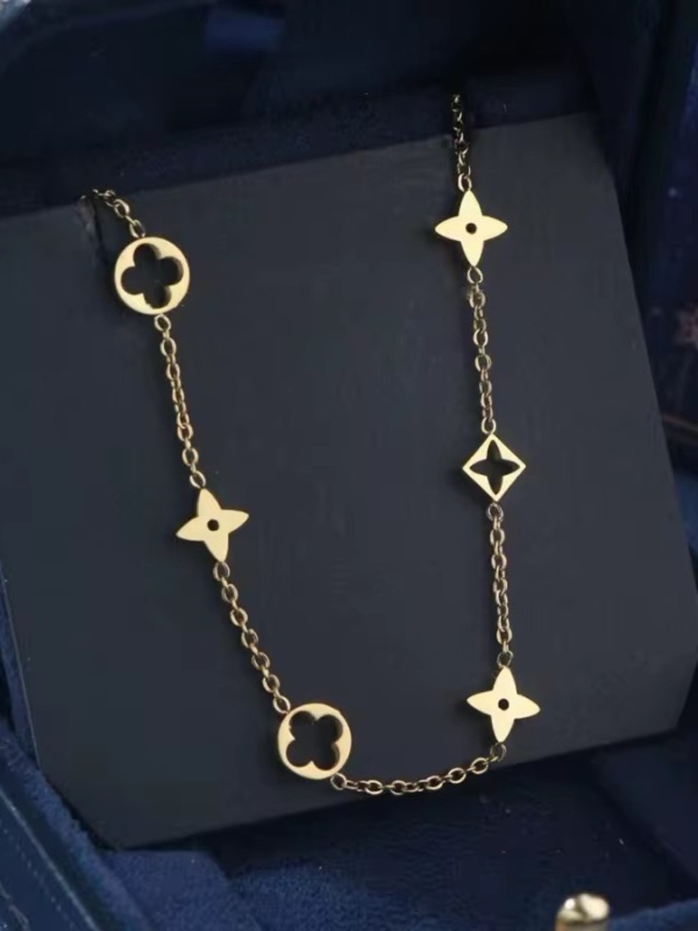 Gold Floral Motif Long Station Necklace with Bracelet